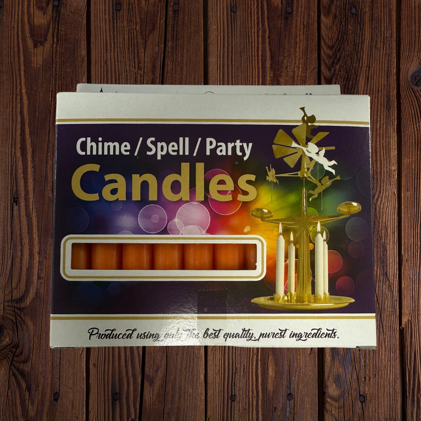 Box photo: Box of 20 orange chime candles with candles visible through the front packaging window