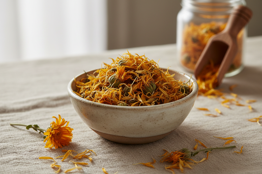 Dried golden calendula flowers in a ceramic bowl on natural linen