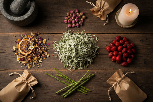 Five dried ritual herbs including wormwood, rose hips, horsetail and rose buds arranged in a moody apothecary flat lay