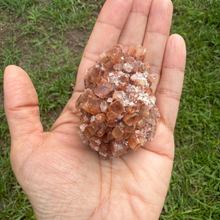 Hand holding a crystal cluster against a grassy background