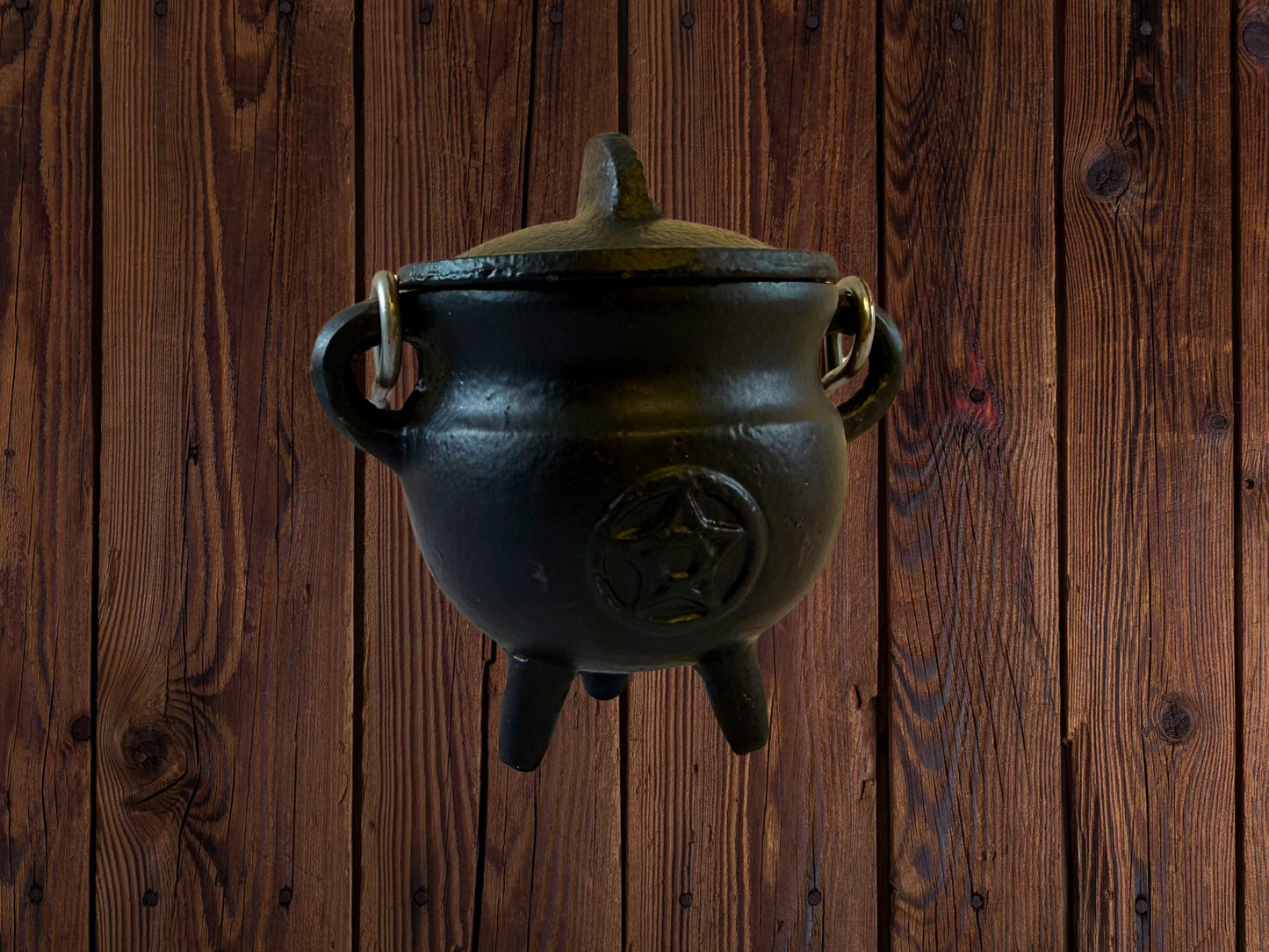 Black Pentagram Cast Iron Cauldron with Lid – 3" H x 2.75" D