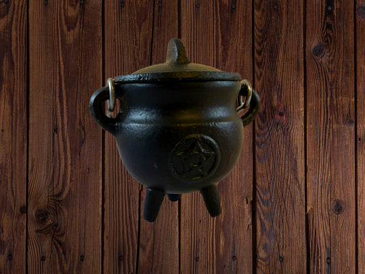 Black Pentagram Cast Iron Cauldron with Lid – 3" H x 2.75" D