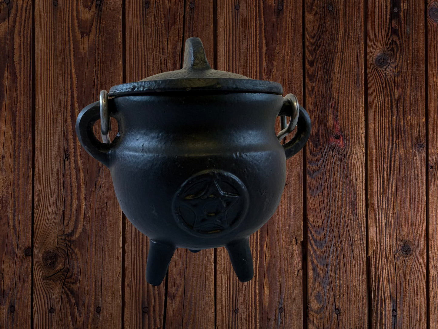 Black Pentagram Cast Iron Cauldron with Lid – 3" H x 2.75" D