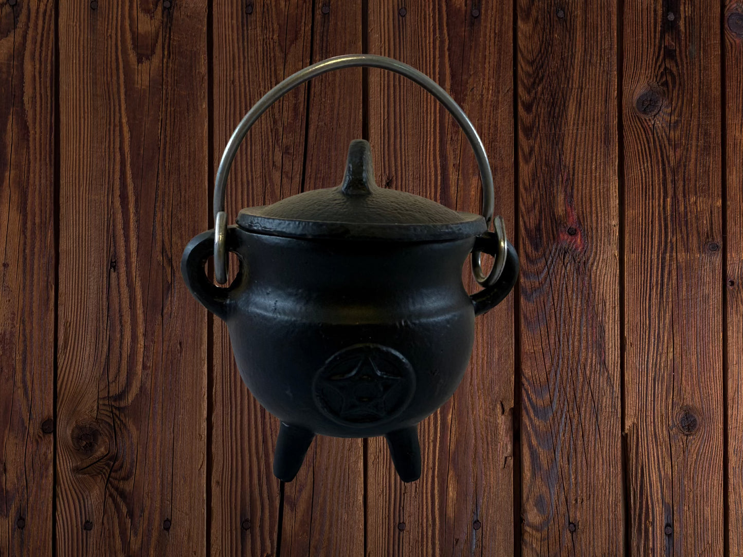 Black Pentagram Cast Iron Cauldron with Lid – 3" H x 2.75" D