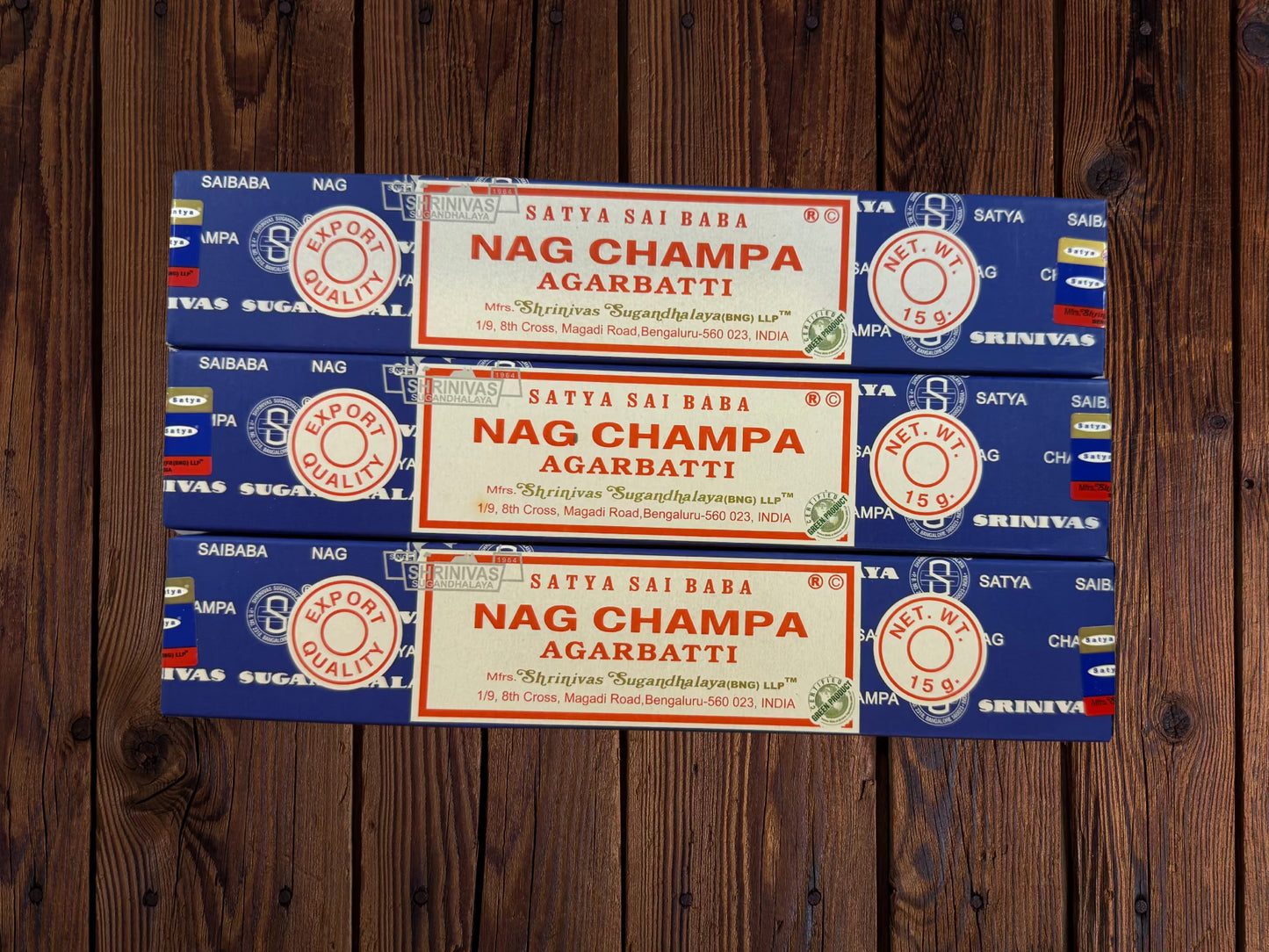 Three Satya Sai Baba Nag Champa incense packages arranged side by side