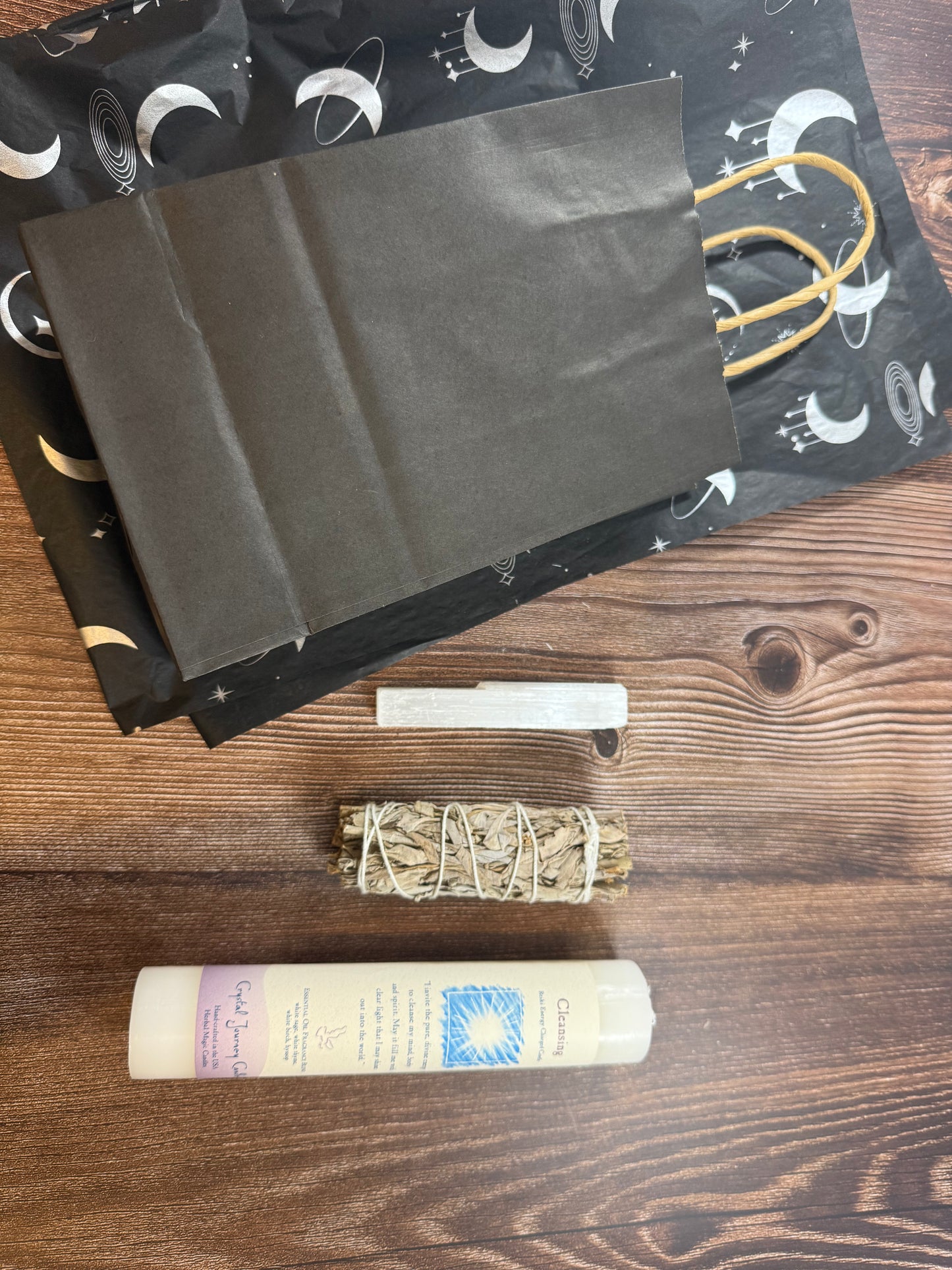 Cleansing Ritual Bag – Reiki Affirmation Pillar, Selenite & White Sage