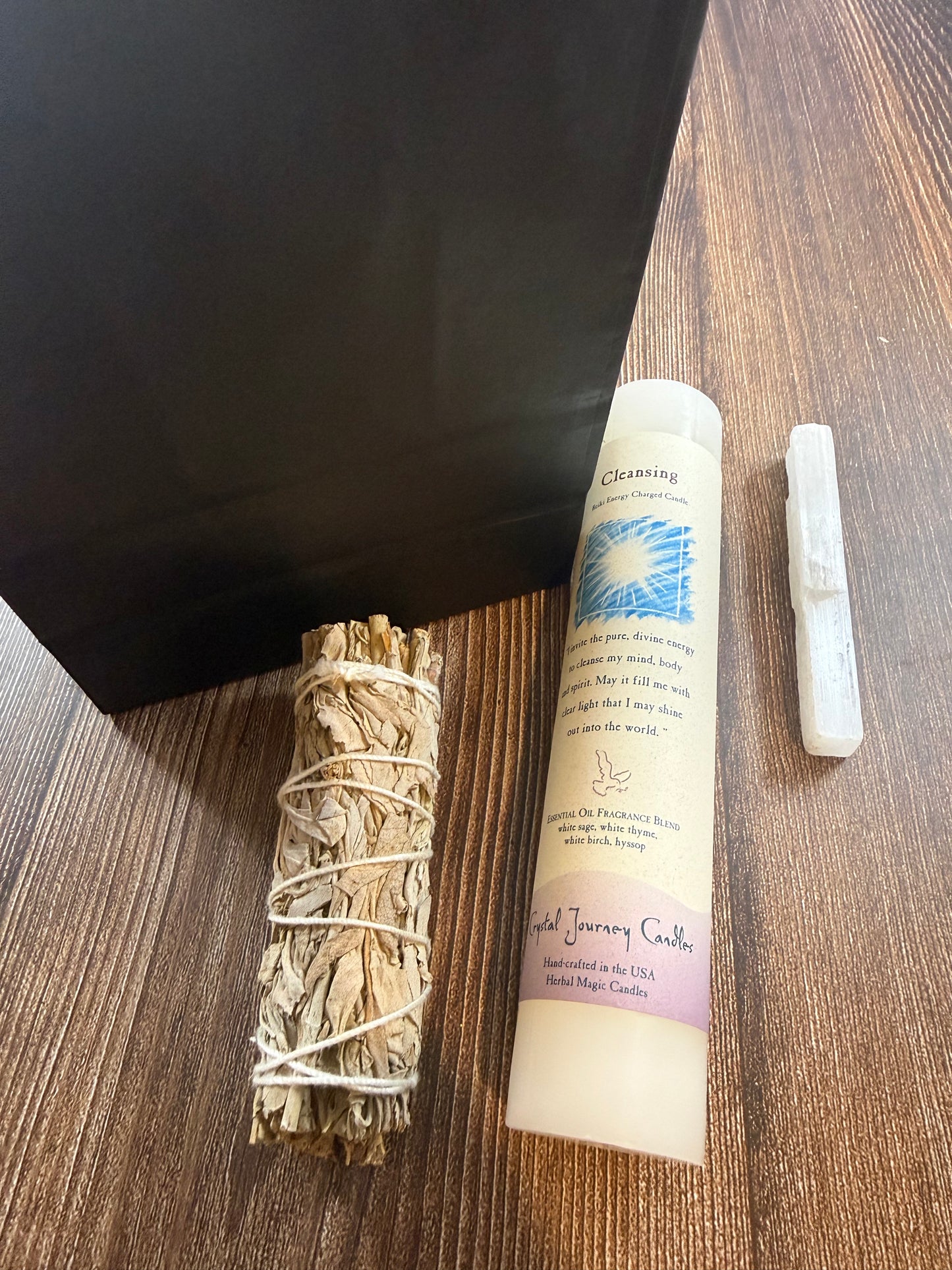 Cleansing Ritual Bag – Reiki Affirmation Pillar, Selenite & White Sage