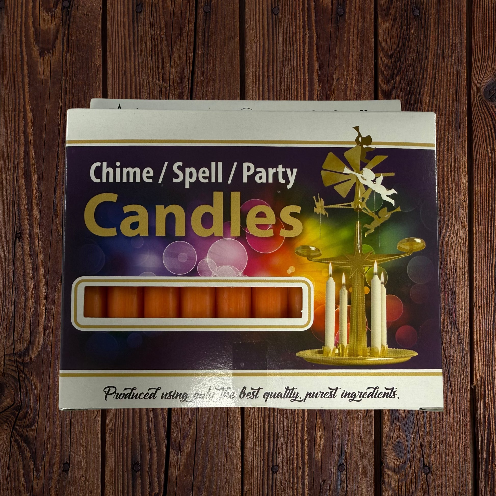 Box photo: Box of 20 orange chime candles with candles visible through the front packaging window