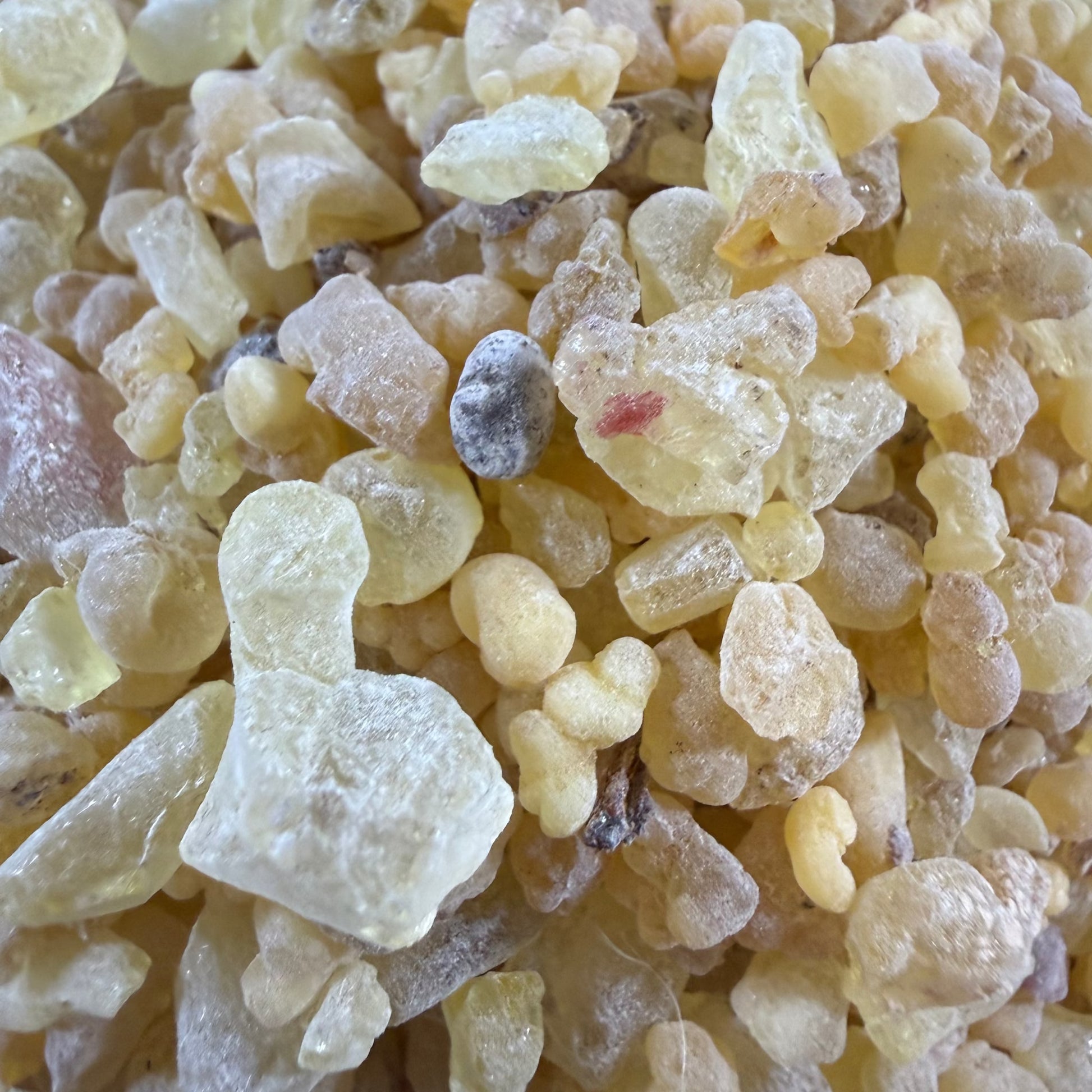 Altar Blend resin granules showing varied shapes and cream and golden tones
