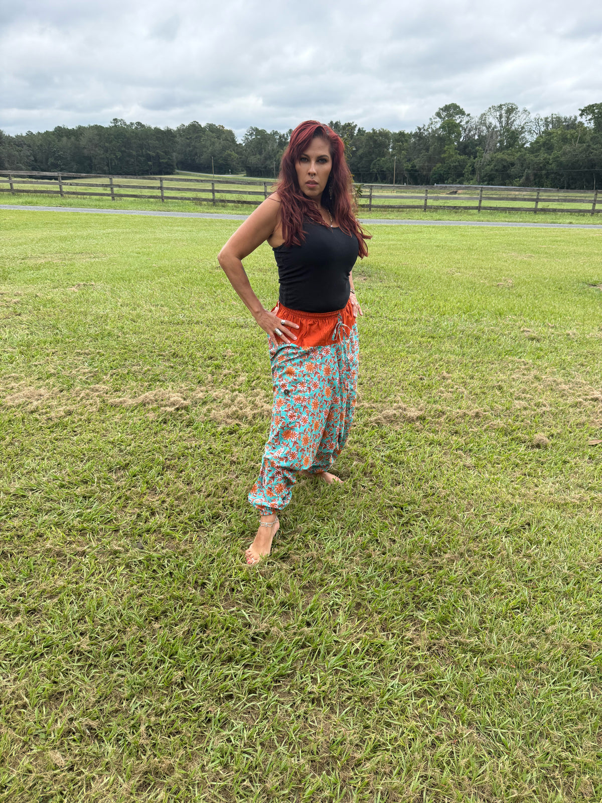 Teal & Terracotta Floral Cotton Harem Pants
