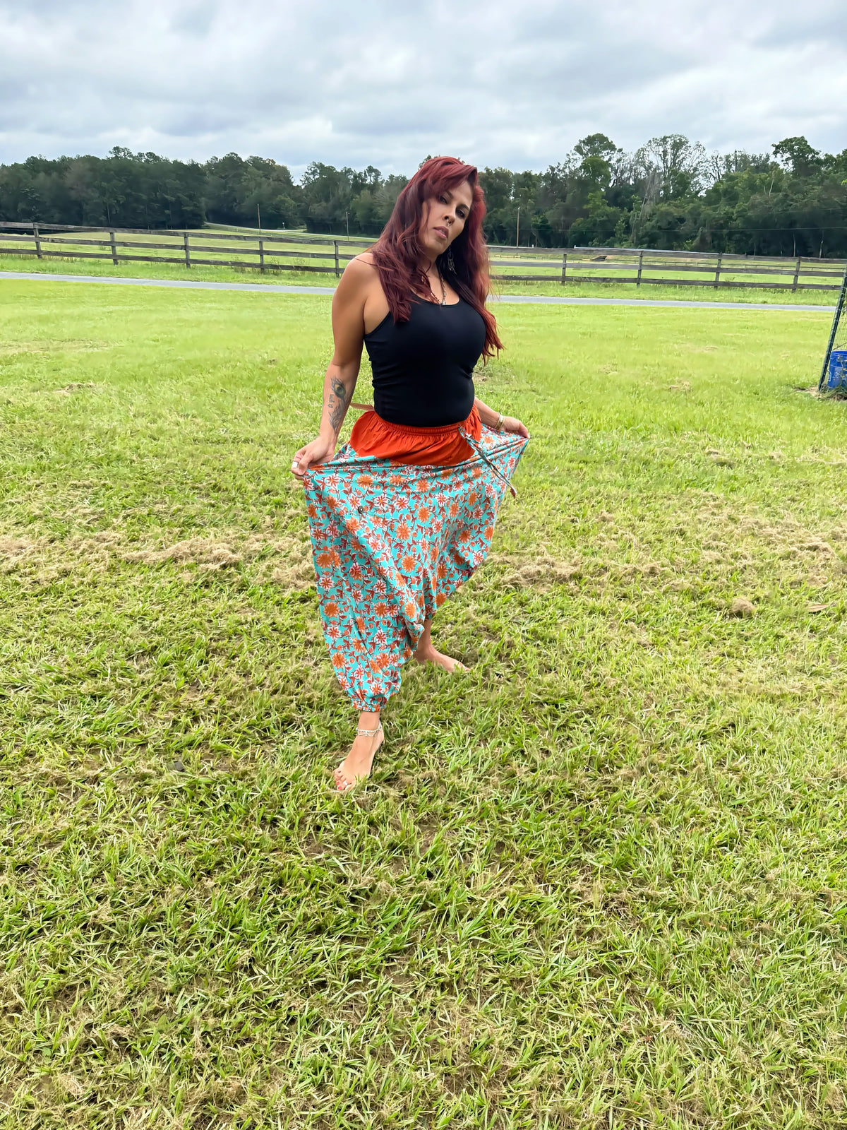 Teal & Terracotta Floral Cotton Harem Pants