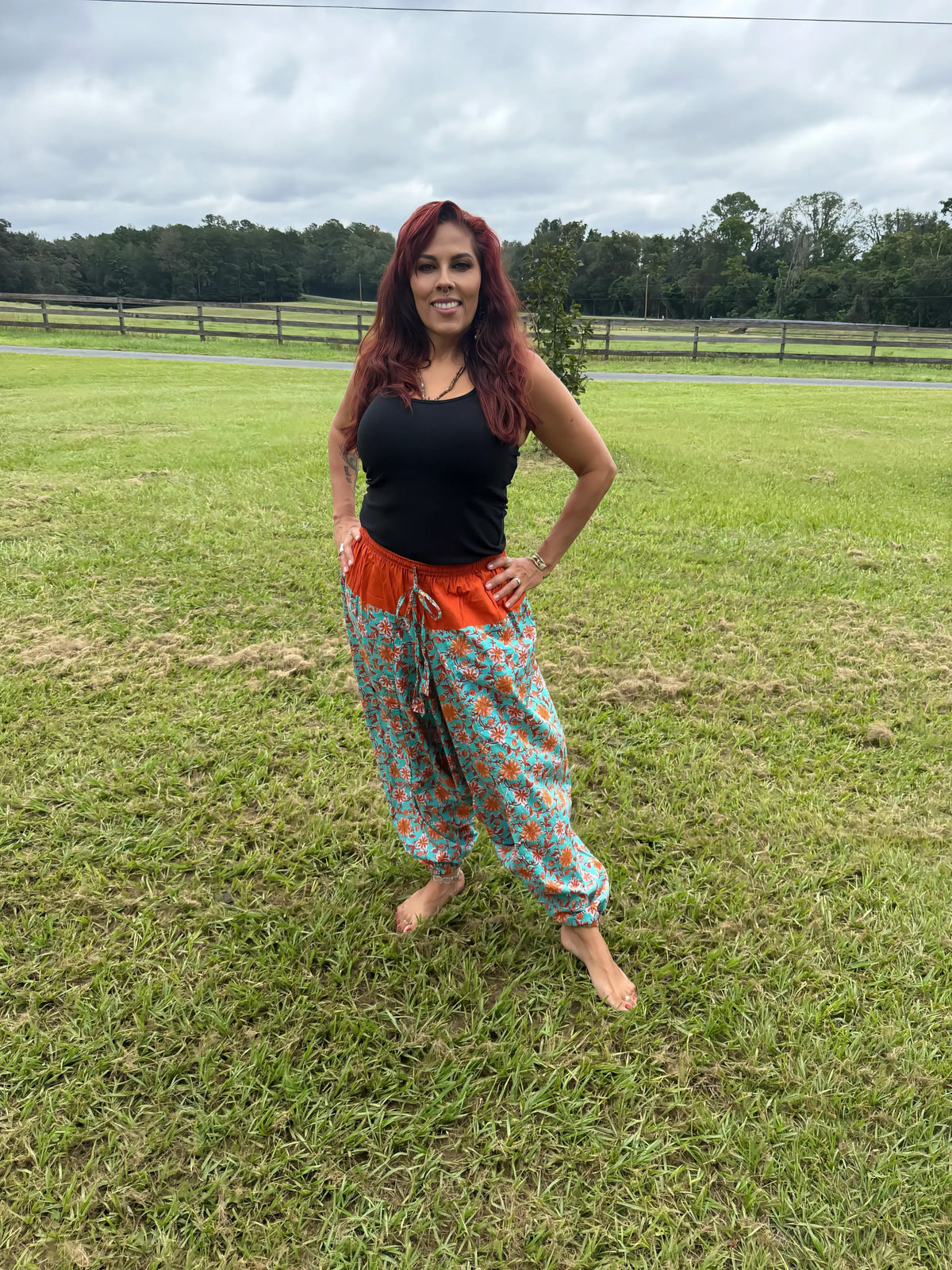 Teal & Terracotta Floral Cotton Harem Pants