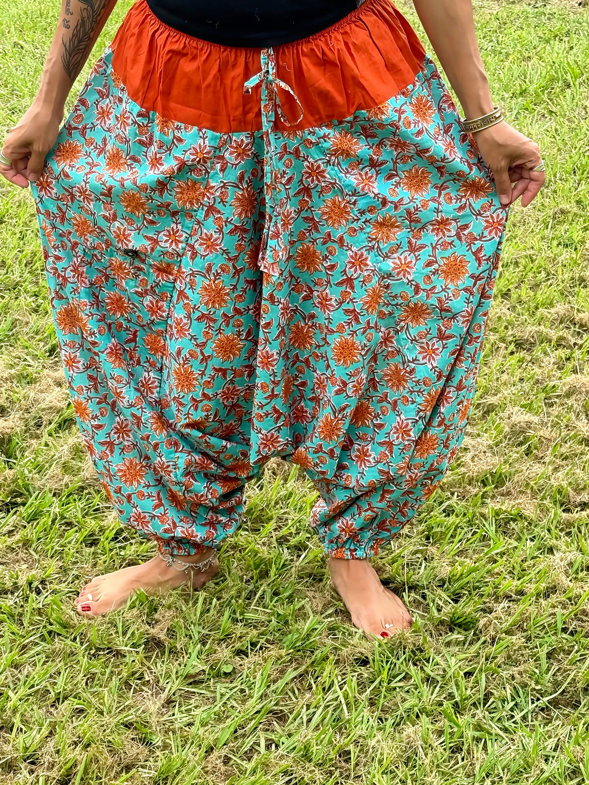 Teal & Terracotta Floral Cotton Harem Pants