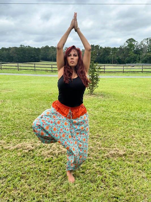 Teal & Terracotta Floral Cotton Harem Pants