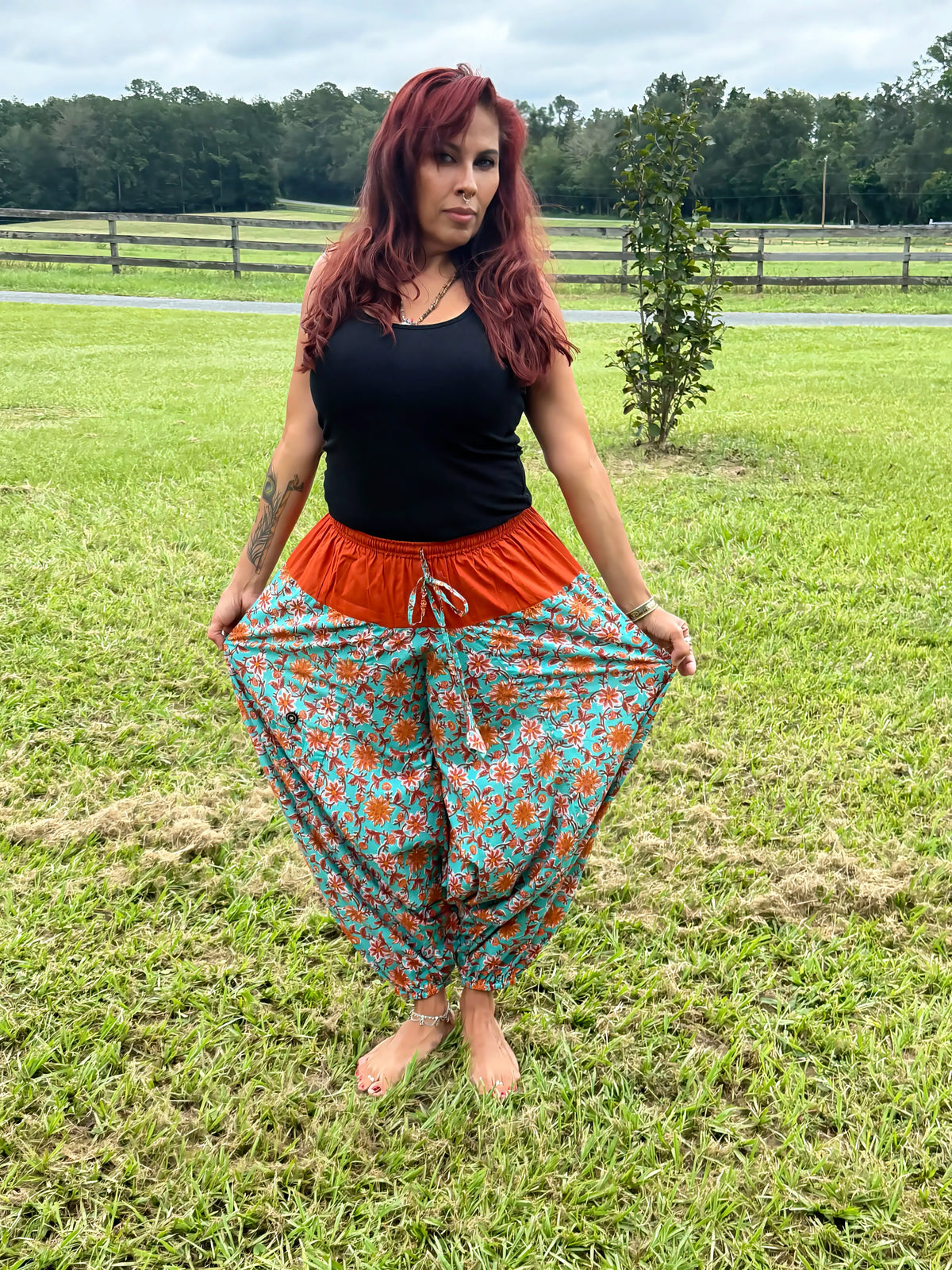 Teal & Terracotta Floral Cotton Harem Pants
