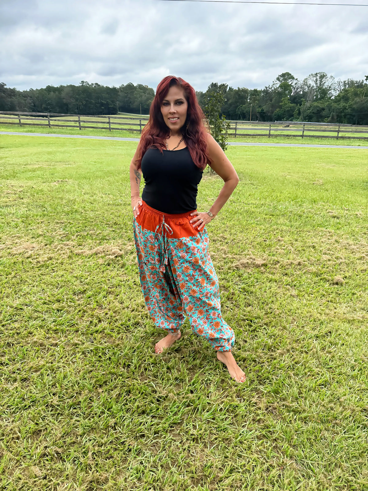 Teal & Terracotta Floral Cotton Harem Pants