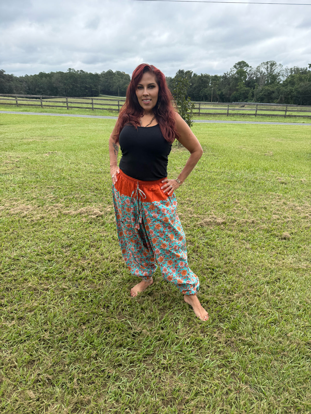 Teal & Terracotta Floral Cotton Harem Pants