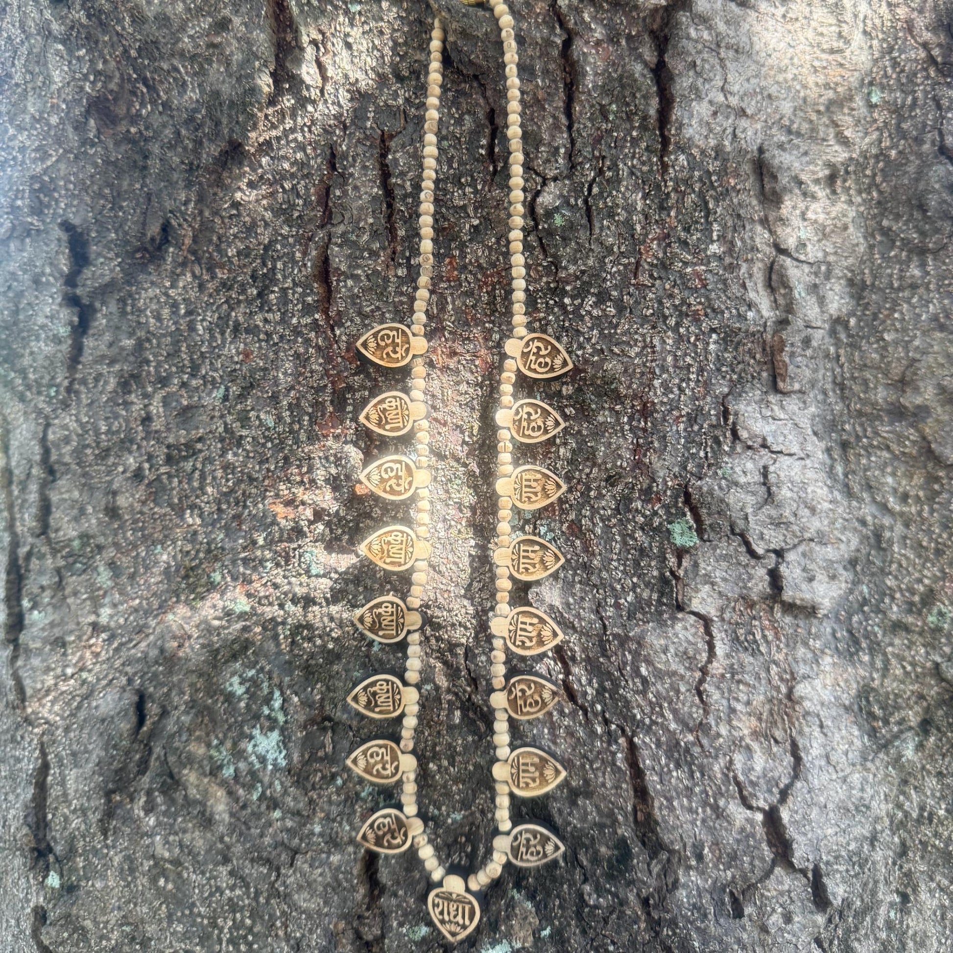Hand-Carved Tulsi Wood Maha Mantra Necklace: Hindu Prayer Beads