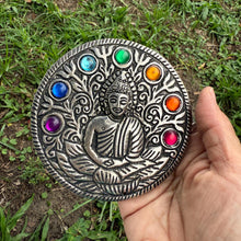 Aluminum Incense Burner (Round) – Buddha with 7 Chakra Stones – Meditation & Altar Decor