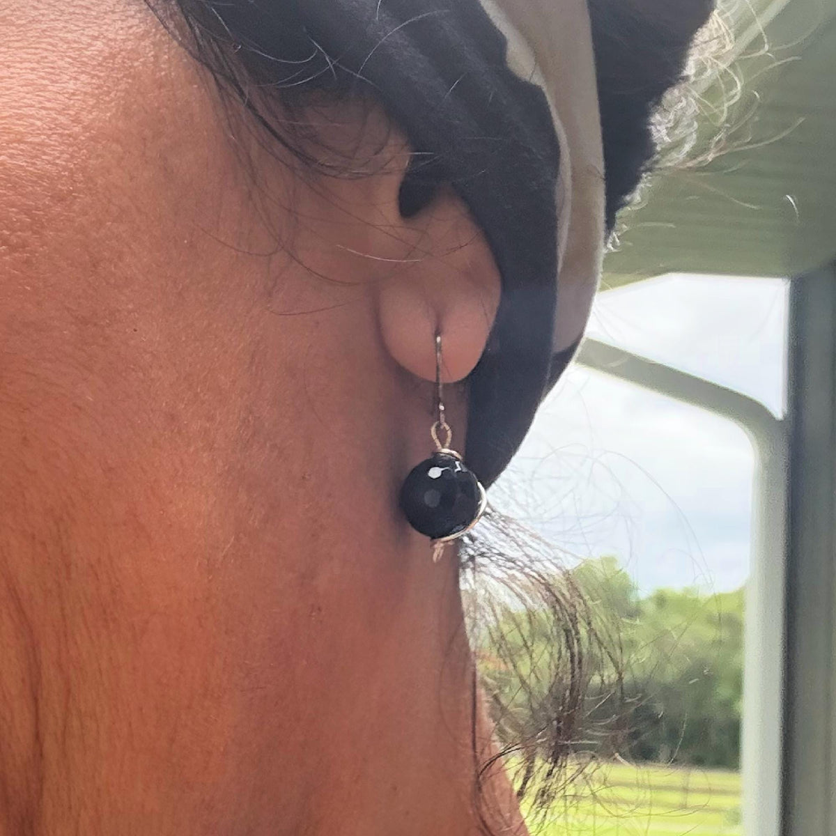 Handmade Black Banded Agate Dangle Earrings — Natural Gemstone, Elegant Contrast