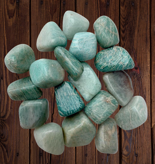 Polished Amazonite tumble stones with soothing blue-green color – calming crystal for stress relief and emotional balance