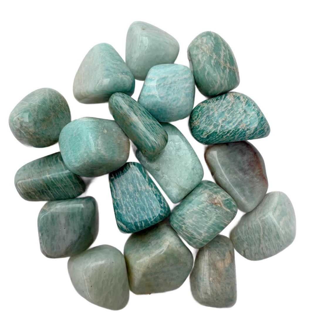 Polished Amazonite tumble stones with soothing blue-green color – calming crystal for stress relief and emotional balance