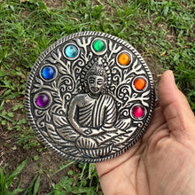 Aluminum Incense Burner (Round) – Buddha with 7 Chakra Stones – Meditation & Altar Decor