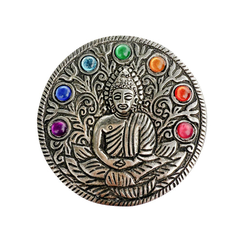 Aluminum Incense Burner (Round) – Buddha with 7 Chakra Stones – Meditation & Altar Decor