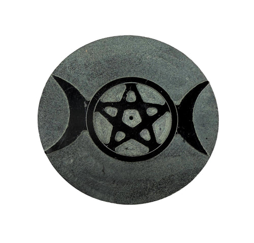 Gray and Black Soapstone Triple Moon with Pentacle Altar Tile / Incense Holder