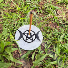 Gray and Black Soapstone Triple Moon with Pentacle Altar Tile / Incense Holder