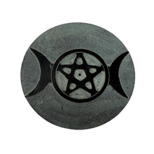 Gray and Black Soapstone Triple Moon with Pentacle Altar Tile / Incense Holder