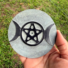 Gray and Black Soapstone Triple Moon with Pentacle Altar Tile / Incense Holder