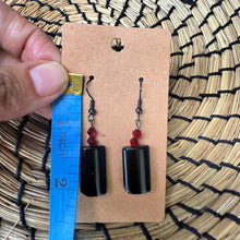 Handmade Onyx Square Bead Earrings with Red Crystal Accents – Bold & Elegant Dangles