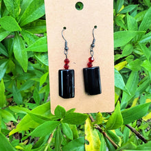 Handmade Onyx Square Bead Earrings with Red Crystal Accents – Bold & Elegant Dangles
