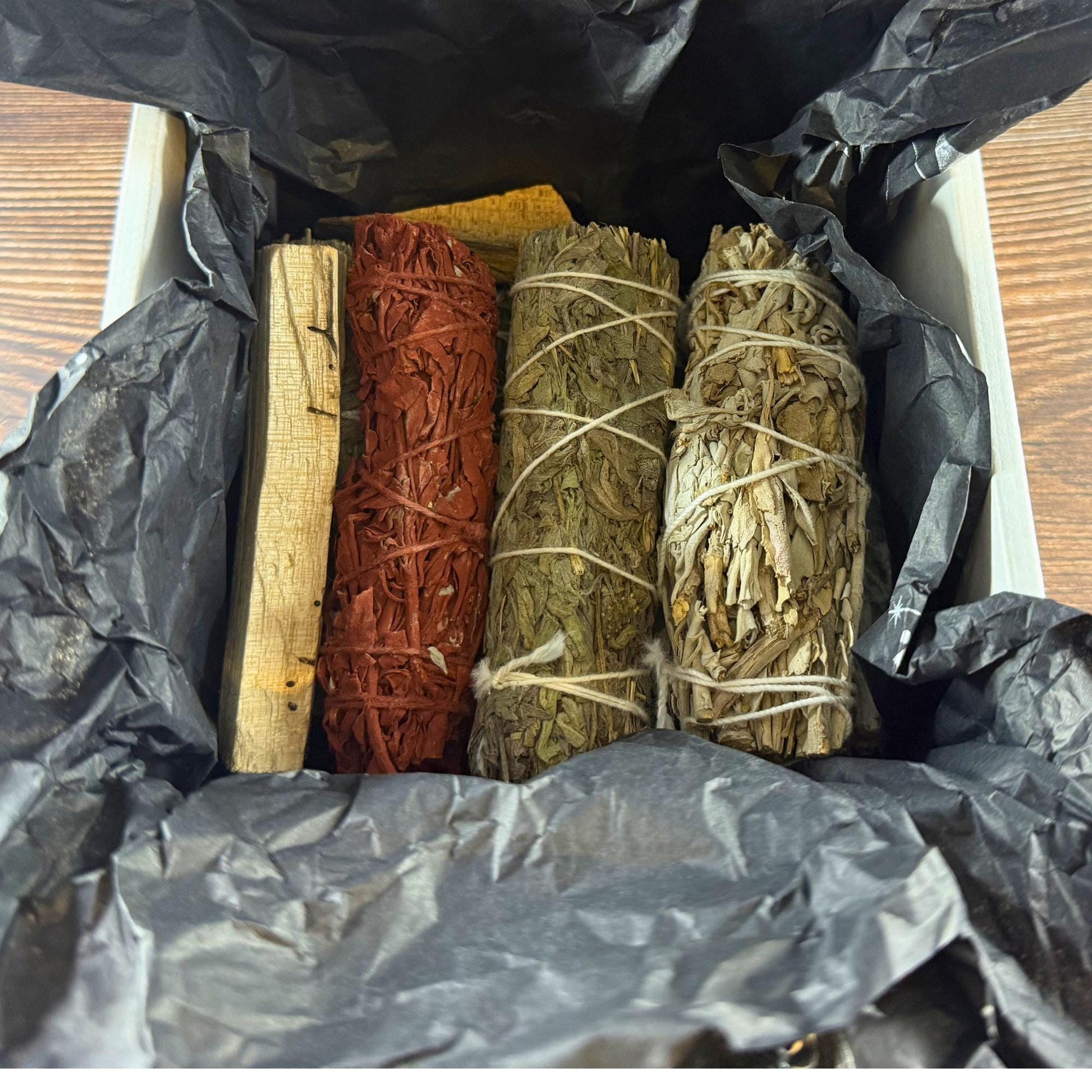 Sacred Smudge Bundle Kit | Sage, Palo Santo, Mugwort, Eucalyptus & Cedar | Energy Cleansing Kit | Spiritual Gift Box | Protection