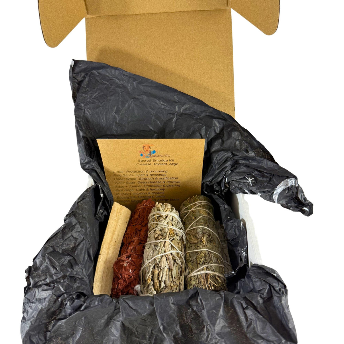 Sacred Smudge Bundle Kit | Sage, Palo Santo, Mugwort, Eucalyptus & Cedar | Energy Cleansing Kit | Spiritual Gift Box | Protection