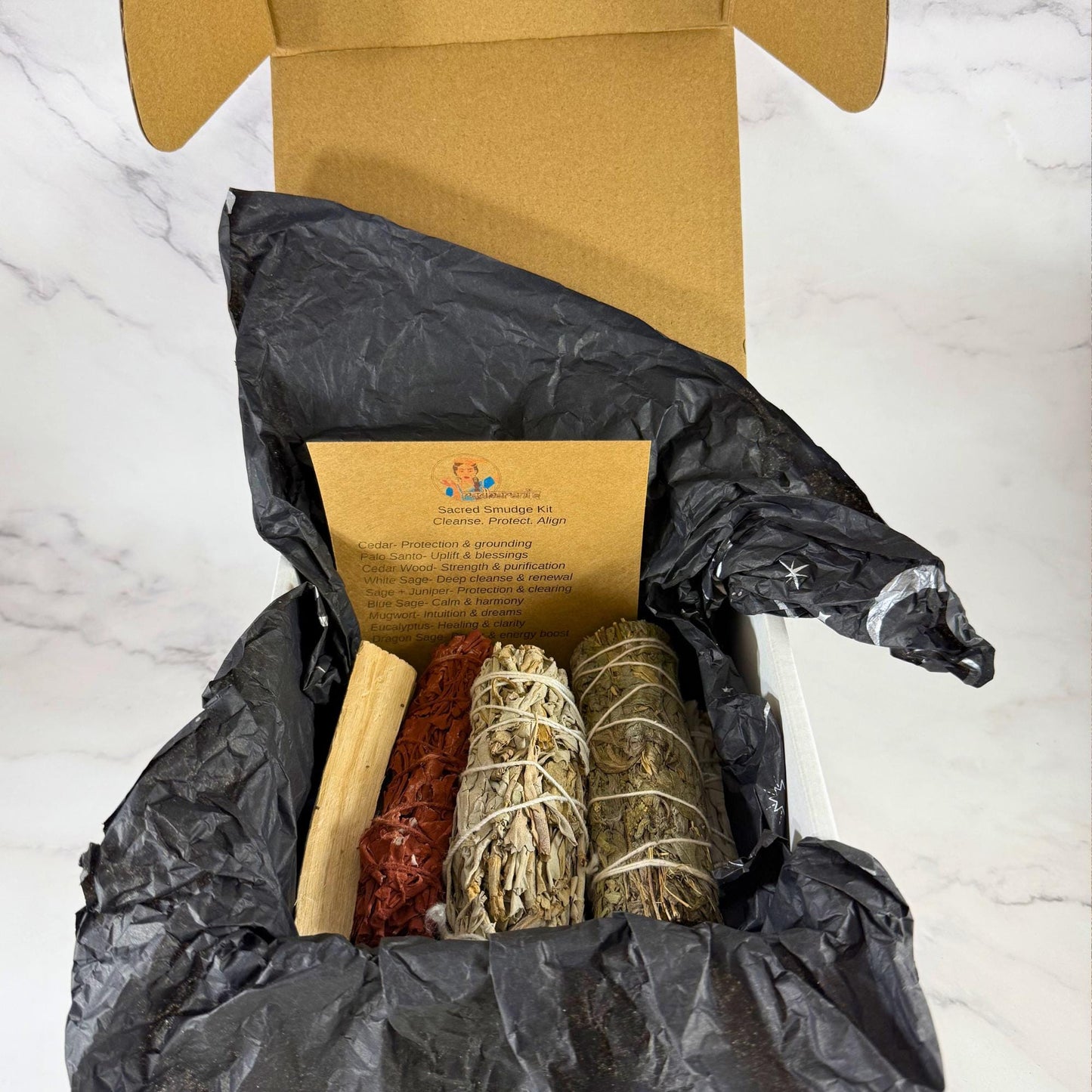 Sacred Smudge Bundle Kit | Sage, Palo Santo, Mugwort, Eucalyptus & Cedar | Energy Cleansing Kit | Spiritual Gift Box | Protection