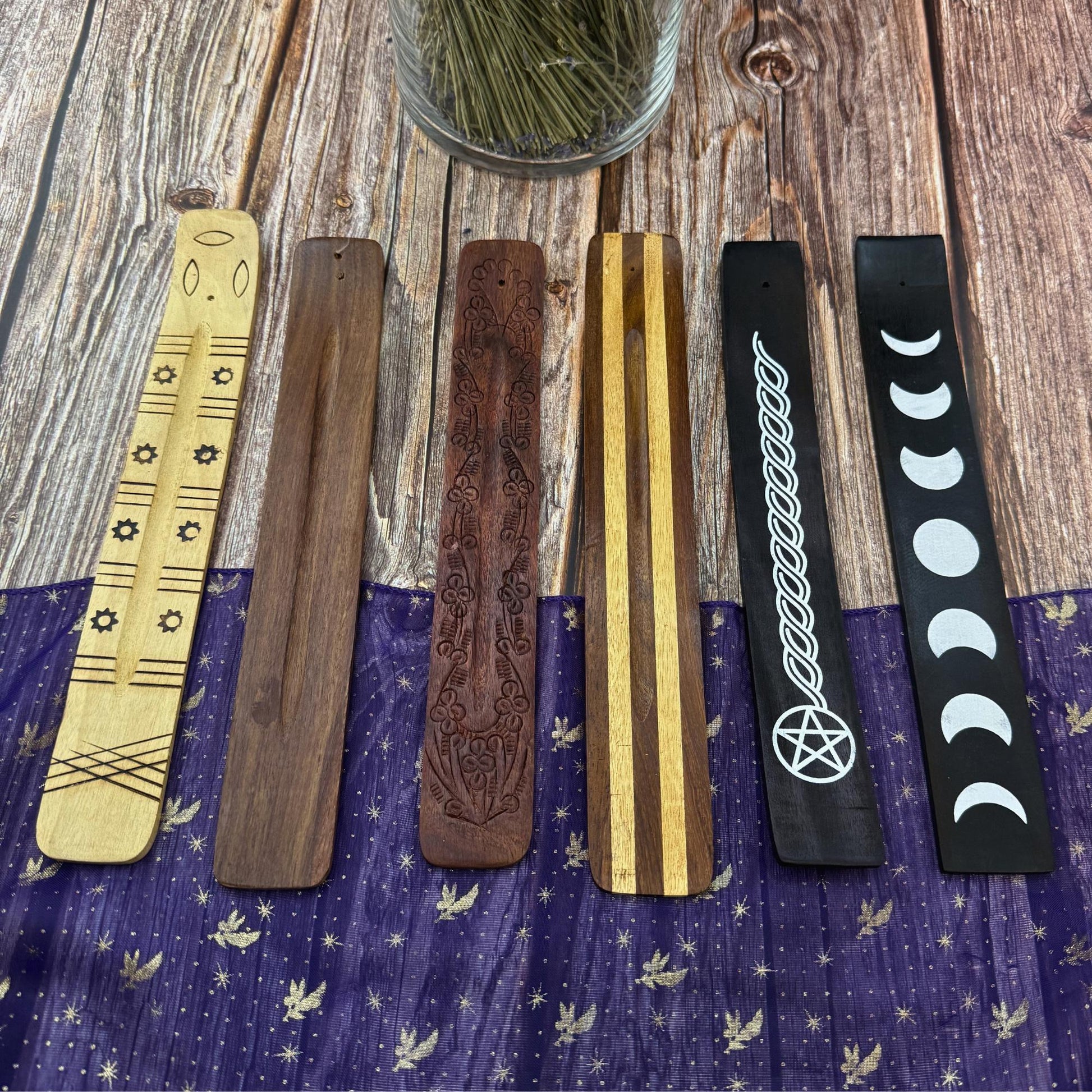 Wooden Incense Holder | Incense Stick Burner | Ash Catcher Tray | Carved Wood Incense Holder | Pentagram Incense Burner | Moon Phase Holder