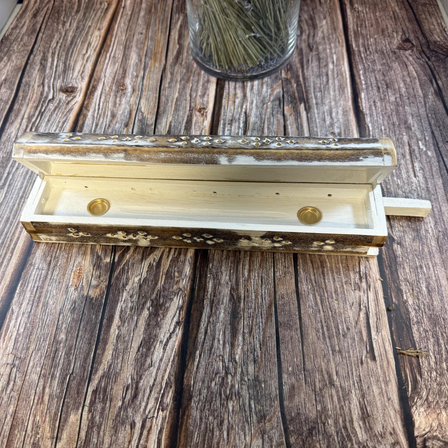 Wooden Incense Burner Box with Storage Compartment | Whitewashed Distressed Incense Holder | Ash Catcher Box | Boho Home Decor