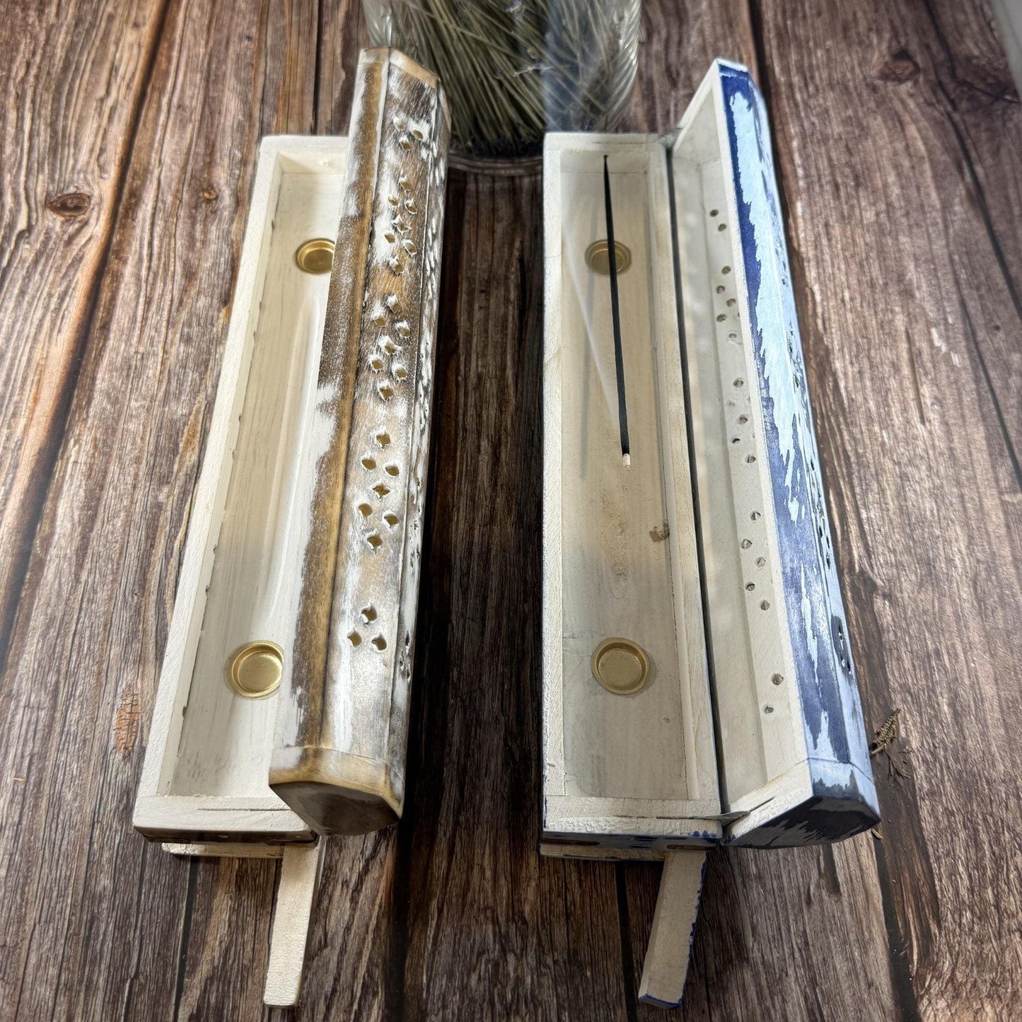 Wooden Incense Burner Box with Storage Compartment | Whitewashed Distressed Incense Holder | Ash Catcher Box | Boho Home Decor