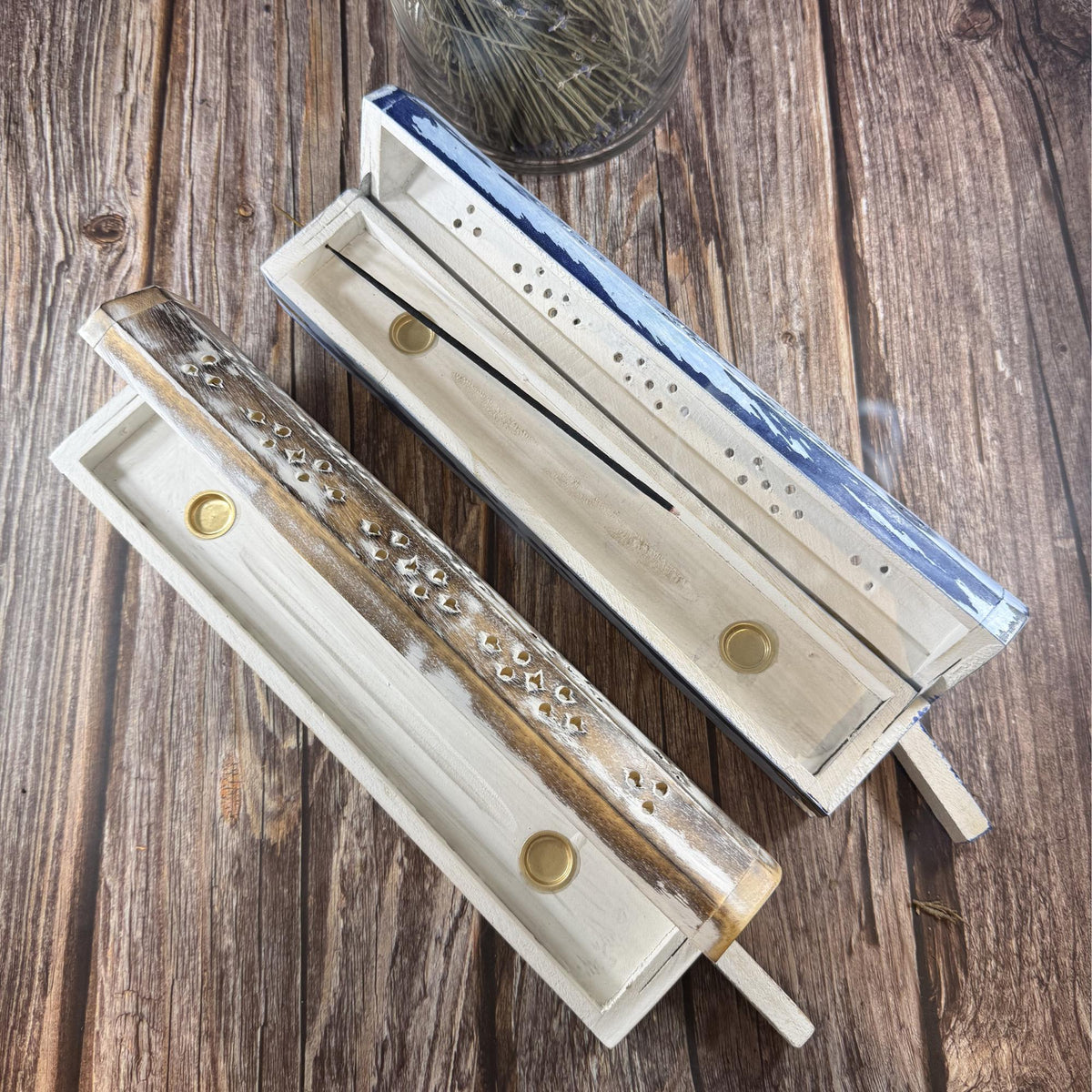 Wooden Incense Burner Box with Storage Compartment | Whitewashed Distressed Incense Holder | Ash Catcher Box | Boho Home Decor