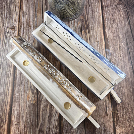 Wooden Incense Burner Box with Storage Compartment | Whitewashed Distressed Incense Holder | Ash Catcher Box | Boho Home Decor