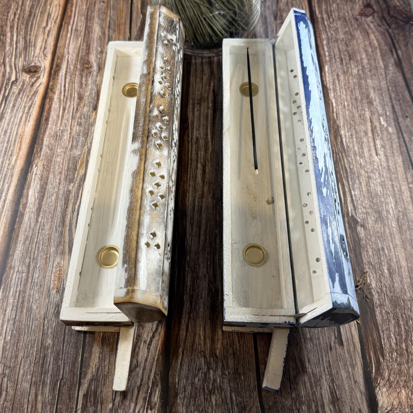 Wooden Incense Burner Box with Storage Compartment | Whitewashed Distressed Incense Holder | Ash Catcher Box | Boho Home Decor