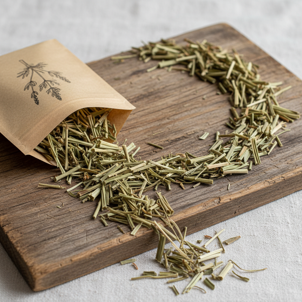 Dried horsetail herb (Equisetum arvense) loose cut botanicals in an apothecary style arrangement