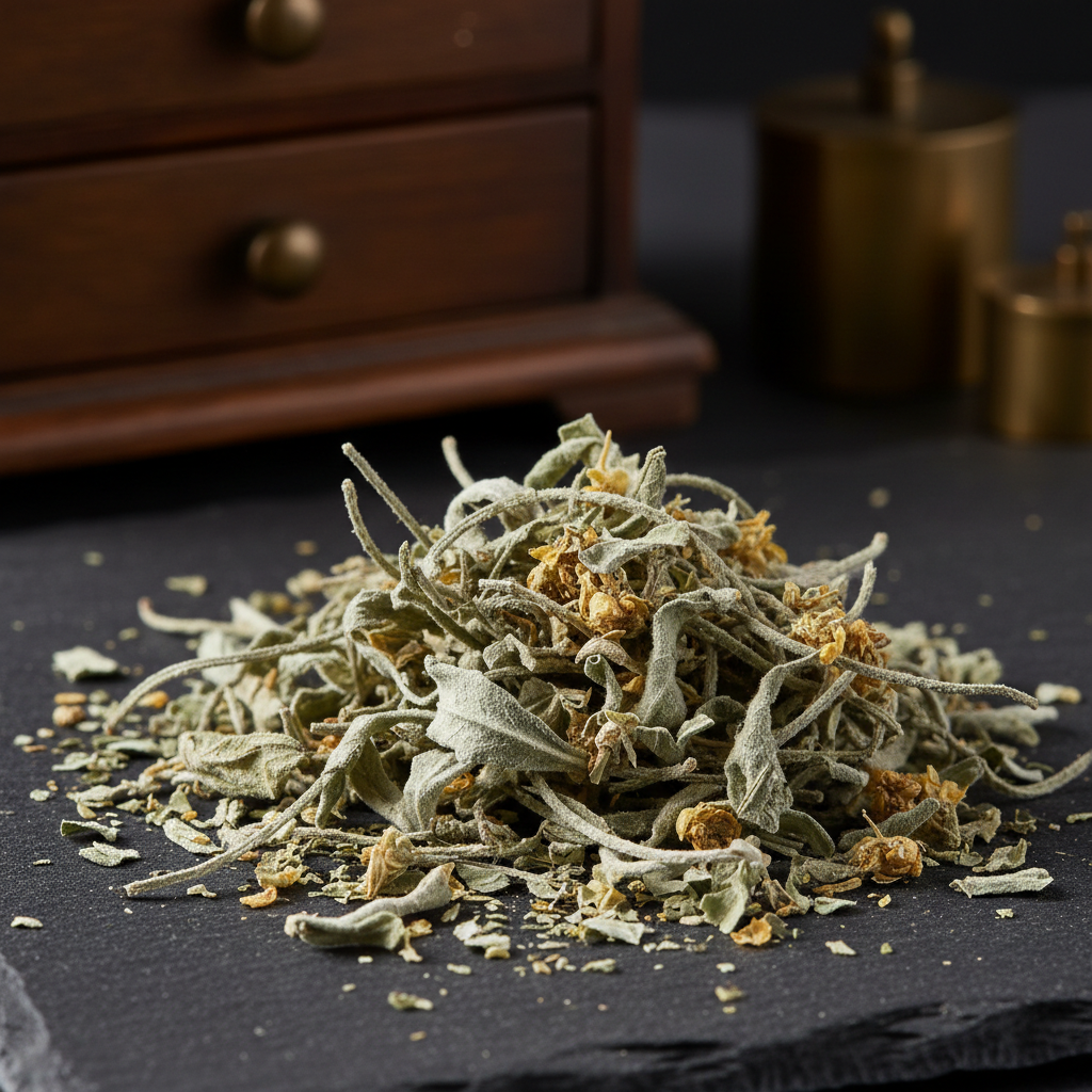 Close-up macro of dried wormwood herb Artemisia absinthium showing silvery green texture and quality