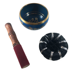 Blue Tibetan Singing bowl 4" Diameter with wooden stick and black cushion