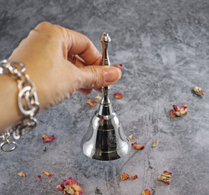 Om Altar Bell, Silver Plated Altar Bell with OM design- 5&quot;