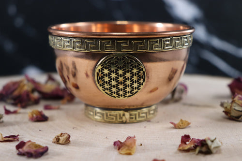 Flower of Life Copper  Offering Bowl, Altar Bowl, Sacred Geometry- 2" H x 3"D
