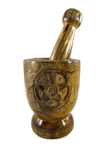 Wood Mortar and Pestle,  Mortar and Pestle with Pentagram design- 3" x 5"