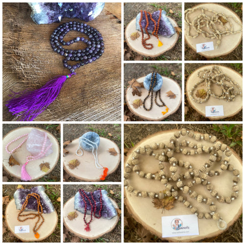Japa mala, Chanting beads, Prayer Beads-Tulsi, Rosewood, Sandalwood, Rudraksha, Gemstones
